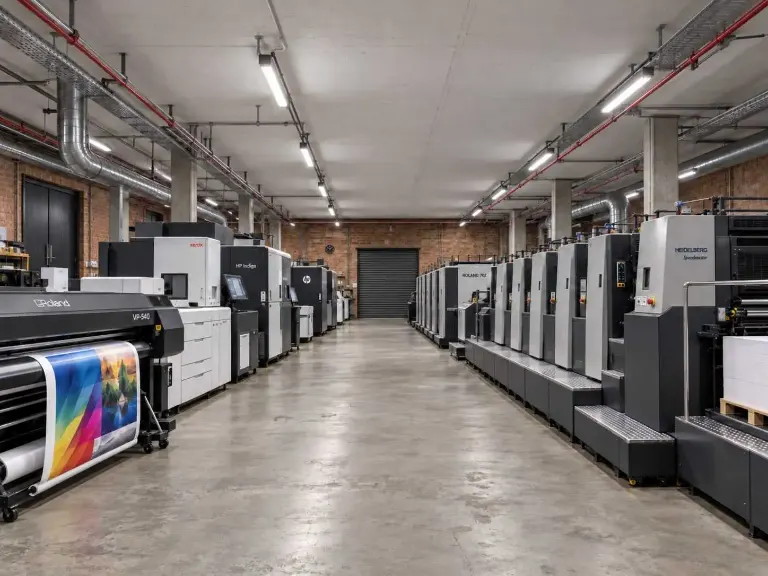 Materiais impressos organizados em bancada de produção gráfica