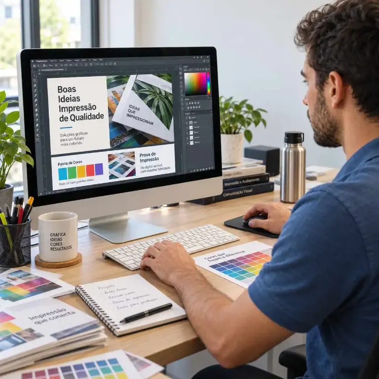 Profissional conferindo prova impressa e amostras de papel
