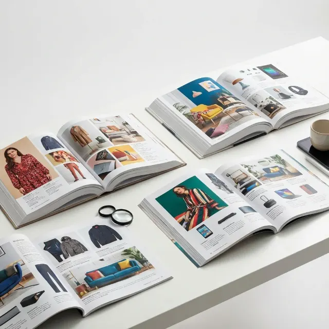 Catálogos e revistas impressos abertos com acabamento editorial profissional