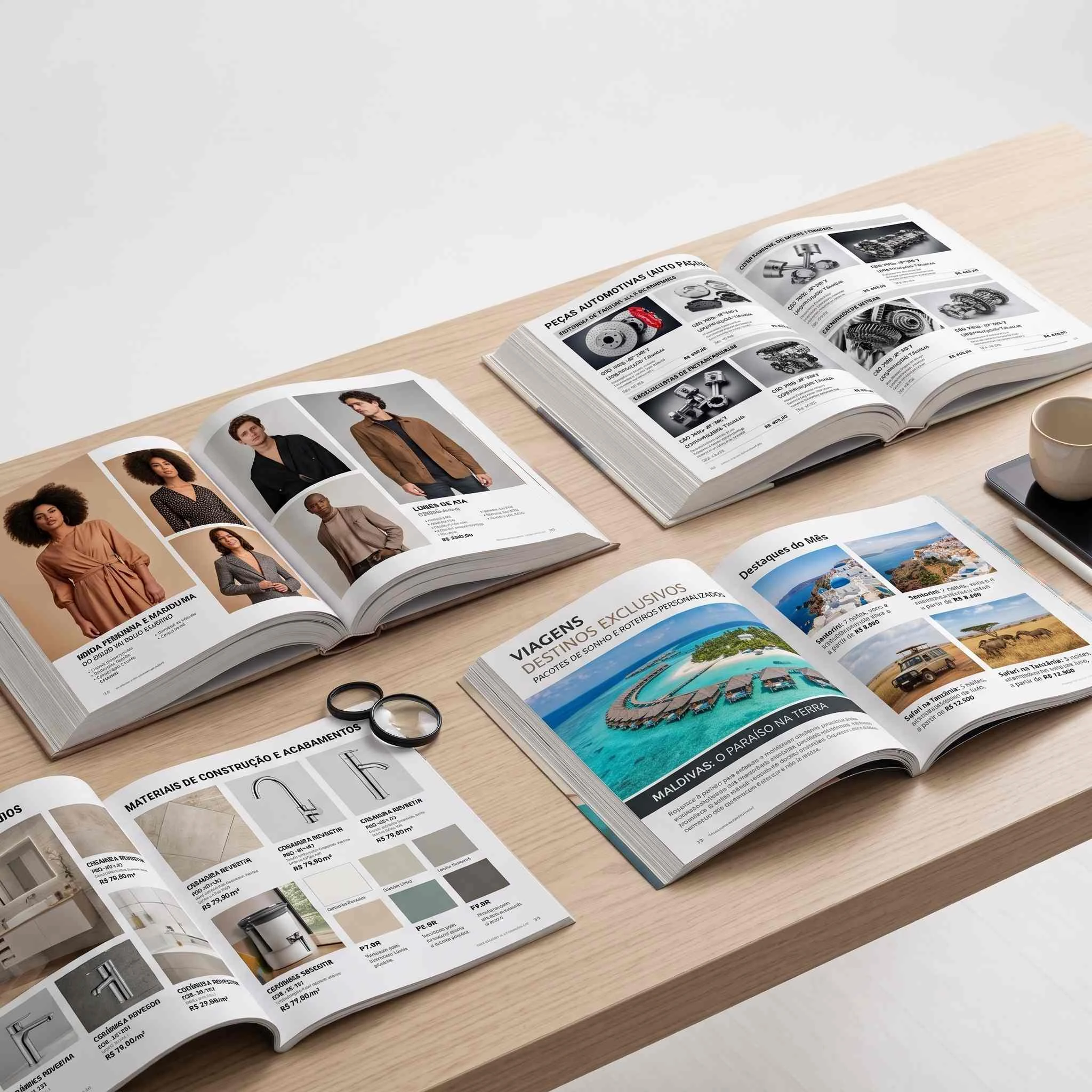 Catálogos e revistas impressos em bancada