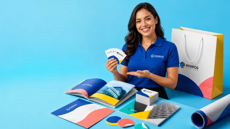 Atendente da Gráfica Barros apresentando cartões e materiais personalizados em BH