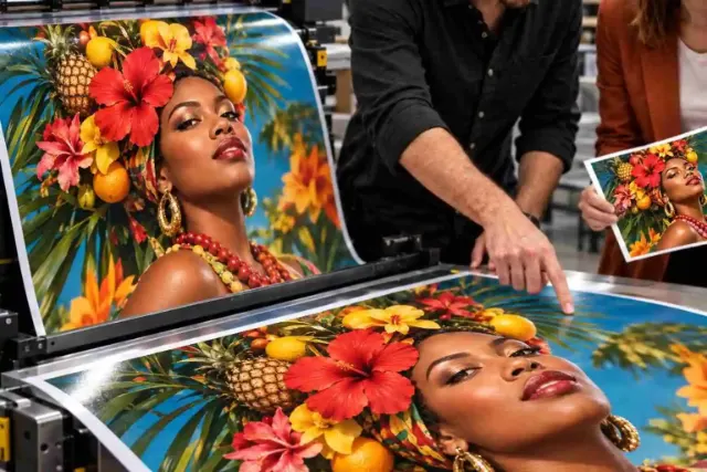 Máquina de impressão gráfica produzindo material colorido para campanhas